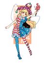  american_flag_dress bare_arms blonde_hair clownpiece dress fairy_wings fire full_body hat haya_taro_pochi head_tilt holding jester_cap long_hair looking_at_viewer neck_ruff pantyhose polka_dot red_eyes short_dress short_sleeves smile solo star star_print striped striped_dress striped_legwear torch touhou white_background wings 