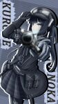  1girl absurdres aiming aiming_at_viewer ammunition_pouch arm_belt asymmetrical_gloves bandaged_arm bandaged_hand bandages black_coat black_dress black_gloves black_hair black_hat black_pantyhose black_ribbon character_name closed_mouth coat collared_dress commentary_request dress gloves goggles goggles_on_headwear grey_background grey_eyes gun hair_ornament hand_on_headwear hat highres holding holding_gun holding_weapon house_8059 kurobe_nanoka leg_belt long_hair looking_at_viewer mahou_shoujo_no_majo_saiban neck_ribbon pantyhose plaid_clothes plaid_dress pouch ribbon solo twintails weapon 