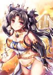  alternate_breast_size bare_shoulders black_hair blush breasts bridal_gauntlets cleavage closed_mouth crown earrings elbow_gloves fate/grand_order fate_(series) fukase_ayaka gloves hair_ribbon hoop_earrings ishtar_(fate/grand_order) jewelry large_breasts long_hair looking_at_viewer midriff navel red_eyes ribbon single_elbow_glove smile solo two_side_up 