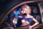  anthro blue_eyes blue_hair bra breasts canine car clothing collar duo female female/female hair lingerie mammal nipples open_mouth piercing pink_nose teeth underwear vehicle xiongfeng95 yencoin 
