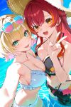  2girls :d absurdres armpits bare_shoulders beach bikini black_bikini black_sarong blonde_hair blonde_streaks blue_sky breasts cleavage collarbone colored_inner_hair commentary crossed_bangs day eyewear_on_head frilled_bikini frills green_eyes hair_between_eyes hair_intakes halterneck hat highres kurumi_noah large_breasts long_hair looking_at_viewer multicolored_hair multiple_girls navel nekota_tsuna ocean open_mouth outdoors pink_hair red_hair ruo19 sarong selfie short_hair sky smile spaghetti_strap stomach straw_hat streaked_hair string_bikini sunglasses swimsuit triangle_bikini_top v virtual_youtuber vspo! wading white_bikini yellow_eyes 