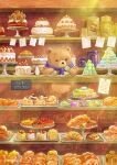  baguette bakery bear bread bread_bun brown_eyes chalkboard_sign check_commentary chocolate_cornet commentary_request counter croissant display display_case food fruit_tart loaf_of_bread macaron melon_bread menu_board muffin no_humans nomiya_(no_38) original pastry shop storefront stuffed_animal stuffed_toy tart_(food) teddy_bear tongs 