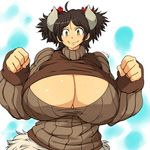  animal_humanoid big_breasts bovine breasts brown_hair cattle cleavage cleavage_cutout clothed clothing cow_humanoid female hair hataraki_ari horn huge_breasts humanoid hyper hyper_breasts keyhole_turtleneck mammal pigtails ribbed_sweater short_hair smile solo sweater yellow_eyes 