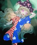  1girl american_flag american_flag_dress american_flag_pants american_flag_print arm_up artist_name black_sky blonde_hair blurry blurry_background clownpiece commentary_request cowboy_shot dress fairy_wings flag_print hair_between_eyes hat highres holding holding_torch jester_cap kaigen_1025 long_hair looking_at_viewer moon neck_ruff night open_mouth outdoors pants pantyhose polka_dot_headwear print_pants purple_eyes purple_hat short_sleeves sky smile solo standing standing_on_one_leg star_(symbol) star_print striped_clothes striped_dress striped_pants torch touhou transparent_wings wavy_hair wings 