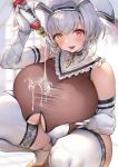  1girl alicia_renato_(yashiro_sousaku) animal_ears breasts choker clothing_cutout commentary_request elbow_gloves fake_animal_ears gigantic_breasts gloves gougasha_akira heterochromia highres looking_at_viewer lotion lotion_bottle nontraditional_playboy_bunny original solo squatting suggestive_fluid thighhighs white_gloves white_thighhighs zipper 
