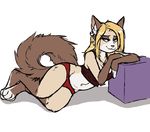  2017 anthro barefoot bedroom_eyes biped blonde_hair blue_eyes breasts brown_body brown_fur brown_tail brown_topwear cat clothed clothing countershading crop_top digital_media_(artwork) ear_piercing feline female flat_colors fully_clothed fur hair half-closed_eyes hi_res jewelry leaning looking_aside looking_away lying mammal midriff multicolored_body multicolored_fur navel necklace on_side panties piercing pink_nose pinup pose purple_eyes red_bottomwear red_topwear san_(tigerinspace) seductive shadow shirt simple_background smile solo tan_body tan_fur tigerinspace underwear white_background white_body 