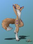  2017 absurd_res anthro blue_eyes breasts chest_tuft claws clothing digimon featureless_breasts female foxglove01 fur hands_behind_head hi_res mammal markings neck_tuft nude paws renamon smile smirk solo tuft white_fur white_tail yellow_fur yellow_tail 