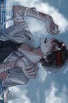  1boy :d bandaged_arm bandages black_eyes black_hair black_shirt blood blue_sky boat cloud cloudy_sky collared_shirt commentary_request contrail crying crying_with_eyes_open cuts day double-parted_bangs grin hair_between_eyes hands_up highres horizon hosikage4040 injury looking_to_the_side male_focus nosebleed original outdoors sailboat self-harm shirt short_hair simple_bird sky smile solo tears undershirt watercraft white_shirt wrist_cutting 