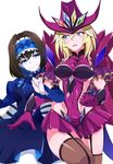  black_hair blonde_hair blue_eyes blue_hair blush breasts carol_malus_dienheim covered_navel elbow_gloves garie_tuman garter_straps gloves hair_between_eyes hat kurihara_kenshirou large_breasts multicolored_hair multiple_girls older senki_zesshou_symphogear short_hair simple_background smile thighhighs two-tone_hair white_background 