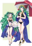  2girls absurdres animal bikini bird breasts cleavage commission dual_persona feh_(fire_emblem_heroes) fire_emblem fire_emblem:_fortune's_weave fire_emblem:_three_houses flip-flops green_eyes green_hair highres holding holding_animal holding_bird holding_umbrella in-franchise_crossover large_breasts long_pointy_ears multiple_girls owl pointy_ears redkite333 sandals small_breasts sothis_(adult)_(fire_emblem) sothis_(fire_emblem) sothis_(young)_(fire_emblem) standing swimsuit umbrella 