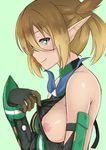  arm_at_side bare_shoulders blush breasts brown_hair closed_mouth clothes_pull from_side gloves green_background hair_between_eyes highres long_pointy_ears looking_at_viewer medium_breasts meronshiroppu nipples patty_(pso2) phantasy_star phantasy_star_online_2 pointy_ears profile sideways_mouth simple_background smile solo twintails upper_body 