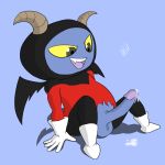  blue_skin clothing dragon_ball dragon_ball_super erection horn imp male penis precum simple_background solo torn_clothing unknown_artist wings yellow_eyes zoiray 