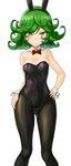  animal_ears black_legwear black_leotard bow bowtie bunny_ears bunnysuit cowboy_shot curly_hair detached_collar flat_chest green_eyes green_hair hand_on_hip leotard looking_at_viewer one-punch_man pantyhose red_bow red_neckwear short_hair simple_background solo strapless strapless_leotard taka_(takahirokun) tatsumaki white_background wrist_cuffs 