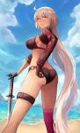  1girl absurdres ahoge ass bikini black_bikini black_gloves black_shrug blush breasts fate/grand_order fate_(series) gloves highres jeanne_d'arc_alter_(fate) jeanne_d'arc_alter_(swimsuit_berserker)_(fate) katana long_hair medium_breasts o-ring o-ring_bikini ocean planted planted_sword red_thighhighs shrug_(clothing) single_thighhigh sushisnek swimsuit sword thigh_strap thighhighs weapon white_hair yellow_eyes 