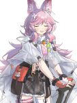  1girl :d animal_ear_fluff animal_ears arknights asymmetrical_legwear black_skirt blush chinese_commentary closed_eyes clothes_writing coat commentary cowboy_shot fingerless_gloves fingernails fur-trimmed_skirt fur_trim gloves hair_ornament highres infection_monitor_(arknights) long_hair material_growth mismatched_legwear open_mouth orange_gloves oripathy_lesion_(arknights) penguinism pink_hair pink_thighhighs pouch round_teeth simple_background skirt smile solo standing teeth thighhighs thumpy_(arknights) upper_teeth_only white_background white_coat white_thighhighs 