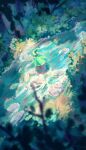  1girl absurdres aqua_cloak artist_name cloak coco_(tongari_boushi_no_atelier) commentary conical_hat day green_hair hat hat_tassel highres outdoors porukana qifrey's_atelier_apprentice_uniform short_hair solo tassel tongari_boushi_no_atelier water wide_shot wizard_hat 
