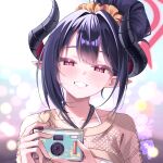  1girl absurdres artist_name bikini black_hair black_horns blue_archive blurry blurry_background bokeh breasts brown_shrug camera chiaki_(blue_archive) chiaki_(swimsuit)_(blue_archive) commentary_request curved_horns demon_horns depth_of_field digital_camera fishnet_shrug grin hair_bun hair_intakes hair_ornament hair_scrunchie halo highres holding holding_camera horns jewelry looking_at_viewer multicolored_horns necklace official_alternate_costume official_alternate_hairstyle orange_scrunchie pointy_ears portrait purple_hair qiye_jiexian red_eyes red_halo red_horns scrunchie shrug_(clothing) smile solo swimsuit two-tone_horns variant_set watermark white_bikini 