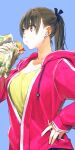  1girl black_hair black_ribbon blue_sky breasts brown_eyes cheek_bulge chewing_gum cleavage closed_mouth collarbone commentary_request day earbuds earphones eating eyelashes food from_side hair_ribbon hand_on_own_hip hand_up highres holding holding_food holding_sandwich hood hooded_jacket jacket jun_(navigavi) large_breasts lips long_hair long_sleeves looking_to_the_side nose original outdoors pants partially_unzipped pink_jacket ponytail ribbon sandwich scoop_neck shirt simple_background sky solo standing subway_(company) sweat upper_body wet wireless_earphones yellow_shirt 