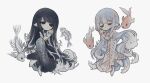  2girls absurdly_long_hair barefoot black_dress black_eyes black_hair blue_hair bone bone_print bracelet closed_mouth commentary conch dead_animal dress dripping fins fish fish_skeleton frilled_dress frills gem goldfish gradient_clothes gradient_dress grey_eyes head_fins highres holding holding_seashell jewelry lace lace-trimmed_dress lace_trim liquid_hair long_dress long_hair mermaid_dress multicolored_hair multiple_girls naiguozi necklace off-shoulder_dress off_shoulder open_mouth original pearl pearl_anklet pearl_bracelet seashell shell shell_to_ear string_of_pearls toes untranslatable_commentary very_long_hair white_background white_dress 