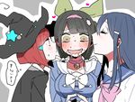  3girls bell black_hair blue_hair blush chabashira_tenko choker danganronpa eyes_closed green_eyes hairband heart kiss long_hair maizono_sayaka multiple_girls new_danganronpa_v3 red_eyes red_hair ribbon tied_hair twintails yumeno_himiko yuri 