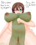  absurdres amano_megumi_wa_suki_darake! amano_yuuko aqua_eyes blush breasts brown_hair commentary english_commentary english_text from_below hehil_art highres inverted_nipples large_breasts looking_at_viewer mature_female nipples pussy see-through_clothes speech_bubble thick_thighs thighs unaligned_breasts 