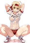  :o ahoge ankle_socks areolae armpits arms_behind_head arms_up bangs blonde_hair blush bow braid breasts breath buruma character_name commentary_request covered_navel double_vertical_stripe embarrassed eyebrows_visible_through_hair fate/extra fate/grand_order fate_(series) french_braid full_body green_eyes gym_shirt gym_uniform hair_between_eyes hair_bow hair_intakes head_tilt headband highres large_breasts legs looking_at_viewer name_tag navel nero_claudius_(fate) nero_claudius_(fate)_(all) no_bra olympian_bloomers open_mouth raised_eyebrows red_bow red_buruma red_headband satou_daiji see-through shadow shirt shoes short_sleeves sidelocks simple_background sneakers socks solo spread_legs squatting steam sweat thighs tiptoes tongue translated upper_teeth wavy_mouth wet wet_clothes white_background white_legwear white_shirt 