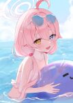  1girl :d ahoge bare_arms bare_shoulders bikini blue_archive blue_background blue_eyes blue_sky blush cloud cloudy_sky commentary_request eyewear_on_head fang hair_between_eyes hair_ornament halo heterochromia highres hoshino_(blue_archive) hoshino_(swimsuit)_(blue_archive) huge_ahoge inflatable_dolphin inflatable_toy long_hair low_twintails nail_polish negitorodondon ocean open_mouth pink_hair pink_halo pink_nails skin_fang sky smile sunglasses swimsuit twintails wading water white_bikini yellow_eyes 