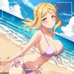  1girl beach bikini blonde_hair blue_sky braid breasts cleavage cloud commentary_request cowboy_shot crown_braid day dutch_angle front-tie_bikini_top front-tie_top green_eyes halterneck highres horizon large_breasts love_live! love_live!_sunshine!! mobukichi multi-strapped_bikini_bottom ocean ohara_mari outdoors purple_bikini recording short_hair side-tie_bikini_bottom sky smile solo string_bikini swimsuit triangle_bikini_top viewfinder 