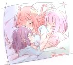  3girls absurdres ahoge blue_shirt blush chiyoda_momo closed_eyes commentary_request cuddling demon_horns highres horns hug hug_from_behind icorasama long_hair machikado_mazoku multiple_girls pink_hair pink_shirt purple_hair shirt short_hair siblings sisters sleeping twitter_username under_covers yoshida_ryouko yoshida_yuuko yuri 
