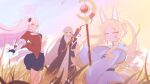  3girls :d ahoge ass bandage_on_leg bandaged_arm bandages black_coat black_gloves black_shorts blonde_hair blue_archive blue_halo blush breasts capelet coat commentary_request cosplay dress dro_(eveveb_414) feet_out_of_frame fern_(sousou_no_frieren) fern_(sousou_no_frieren)_(cosplay) field fingerless_gloves flat_chest flower frieren frieren_(cosplay) from_side gloves gradient_eyes gradient_halo gradient_sky grey_hair hair_flower hair_ornament halo highres holding holding_staff hood hood_down hooded_coat jacket korean_commentary long_hair long_sleeves looking_at_viewer mage_staff medium_breasts mika_(blue_archive) mountain multicolored_eyes multicolored_halo multiple_girls nagisa_(blue_archive) one_side_up open_mouth orange_sky outdoors parted_bangs pink_eyes pink_hair pink_halo purple_flower purple_sky red_jacket seia_(blue_archive) shirt short_shorts shorts sidelocks sky smile sousou_no_frieren staff standing stark_(sousou_no_frieren) stark_(sousou_no_frieren)_(cosplay) striped_clothes striped_shirt sunset tanezaki_atsumi thighs turning_head twintails very_long_hair voice_actor_connection white_dress white_jacket white_shirt yellow_eyes yellow_halo 