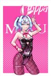 1girl absurdres animal_ears arm_ribbon artist_name bare_shoulders black_leotard blue_eyes blue_hair border bow bowtie bracelet breasts character_name clothing_cutout cropped_legs cutout_above_navel detached_collar dotted_background fake_animal_ears fazcatfloppa fishnet_pantyhose fishnets hair_intakes hair_ornament hairband hand_on_own_hip hatsune_miku heart heart_cutout highres jewelry leotard looking_at_viewer medium_hair nontraditional_playboy_bunny pantyhose pink_background pink_pupils playboy_bunny rabbit_ears rabbit_hole_(vocaloid) red_bow ribbon skindentation small_breasts smile solo thigh_strap twintails v vocaloid white_border x_hair_ornament 