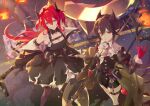  2girls arknights ascot black_dress black_hair black_horns breasts cleavage closed_mouth commentary_request demon_girl demon_horns dress entelechia_(arknights) gloves hair_between_eyes hair_horns hair_intakes highres holding holding_sword holding_weapon horns juliet_sleeves laevatein_(la3vatein) large_breasts long_hair long_sleeves looking_at_viewer md5_mismatch mole mole_under_eye multiple_girls pointy_ears puffy_sleeves purple_eyes red_eyes red_gloves red_hair revision short_hair smile surtr_(arknights) sword thigh_strap weapon white_ascot 
