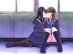  black_hair black_legwear blue_skirt brown_hair closed_eyes hair_tie highres inami_(chiba) indoors kiss kneehighs looking_at_another medium_hair multiple_girls navy_blue_legwear no_shoes original panties pantyhose pantyshot pantyshot_(sitting) profile school_uniform serafuku sitting skirt underwear white_panties window yuri 