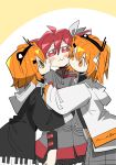  3girls a.i._voice adachi_rei adachi_rei_(vocaloid6) aeppeulp biting biting_cheek black_shirt commentary_request drill_hair dual_persona hair_ribbon highres hug jacket kasane_teto kasane_teto_(sv) korean_commentary lens_eye multiple_girls one_side_up open_clothes open_jacket orange_hair red_hair ribbon shirt synthesizer_v twin_drills utau vocaloid 