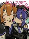  :3 a.i._voice adachi_rei beret black_hat black_sleeves blush cable cheek_squash closed_eyes closed_mouth commentary_request hand_on_another's_cheek hand_on_another's_face hat hat_writing headphones heart highres miruki_nuko necktie orange_hair purple_eyes purple_hair purple_necktie purple_trim robot_ears smile utane_uta utau yuri 