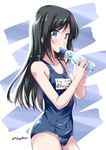  asashio_(kantai_collection) black_hair blue_eyes blush breasts commentary_request covered_navel drink kantai_collection long_hair looking_at_viewer mikage_takashi name_tag old_school_swimsuit one-piece_swimsuit ramune school_swimsuit signature small_breasts solo swimsuit twitter_username 