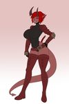  1girl armor dungeons_and_dragons full_body hand_on_hips horns lewdreaper pointy_ears red_eyes red_hair smile solo tail thigh_boots tiefling weapon 