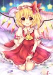  :d ascot bangs bed blonde_hair bow candy commentary_request crystal eyebrows_visible_through_hair fang flandre_scarlet food frilled_pillow frilled_ribbon frilled_shirt_collar frilled_skirt frilled_sleeves frills full_body gradient_eyes hair_between_eyes hand_up hat hat_ribbon heart heart_pillow highres lollipop looking_at_viewer mob_cap multicolored multicolored_eyes open_mouth pillow puffy_short_sleeves puffy_sleeves red_eyes red_ribbon red_skirt red_vest ribbon ruhika seiza shirt short_hair short_sleeves side_ponytail sitting skirt skirt_hold skirt_set smile solo sparkle star starry_background striped striped_pillow touhou twitter_username vest white_bow white_hat white_shirt wings wrapped_candy wrapper wrist_cuffs yellow_eyes yellow_neckwear 