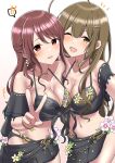  ! !! 2girls absurdres black_bra black_skirt bra breasts brown_eyes brown_hair collar collarbone commentary_request earrings feet_out_of_frame highres idolmaster idolmaster_cinderella_girls idolmaster_shiny_colors in-franchise_crossover jewelry kuwayama_chiyuki large_breasts long_hair looking_at_viewer mifune_miyu motodouryou multiple_girls navel one_eye_closed open_mouth red_eyes red_hair simple_background skirt underwear v white_background 