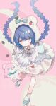 1girl :o absurdres alternate_costume amamiya_kokoro animal_hood artist_name bear_hood blue_hair blue_shoes braid commentary_request dress eringikinono food food-themed_hair_ornament fruit gradient_background hair_ornament highres hood ice_cream_hair_ornament layered_dress long_hair looking_at_viewer nijisanji official_alternate_costume pink_background platform_shoes puffy_sleeves shoes solo strawberry stuffed_animal stuffed_toy teddy_bear twin_braids virtual_youtuber white_background white_dress yellow_eyes 