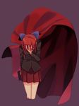  bare_legs black_blouse blouse blue_bow bow cape cropped_legs hair_bow hand_on_own_face highres long_sleeves looking_down miniskirt pleated_skirt red_hair red_skirt sekibanki simple_background skirt solo standing touhou usuaji 