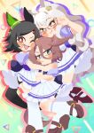  3girls ahoge animal_ears bandaid bandaid_on_cheek bandaid_on_face bike_shorts bike_shorts_under_skirt biwa_hayahide_(umamusume) black_hair black_shorts blue_eyes blush bnw_(umamusume) bow bowtie breasts brown_hair brown_shoes closed_mouth frown glasses grey_hair hair_between_eyes hair_ornament hairclip highres horse_ears horse_girl horse_tail hug long_hair multiple_girls narita_taishin_(umamusume) one_eye_closed open_mouth pleated_skirt puffy_short_sleeves puffy_sleeves purple_bow purple_bowtie purple_shirt red-framed_eyewear red_eyes sailor_collar sailor_shirt school_uniform semi-rimless_eyewear shinsei_tomato shirt shoes short_hair short_sleeves shorts skirt smile summer_uniform tail teeth thighhighs tracen_school_uniform umamusume under-rim_eyewear upper_teeth_only white_sailor_collar white_skirt white_thighhighs winning_ticket_(umamusume) yellow_eyes 