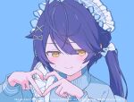  1girl amamiya_kokoro asahara blue_hair blue_theme butterfly_hair_ornament commentary_request hair_ornament heart heart_hands nijisanji simple_background solo virtual_youtuber x_hair_ornament yellow_eyes 