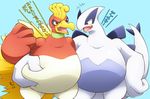  2017 ambiguous_gender anger_vein angry avian beak belly_grab biped bird blue_countershading blush countershading crest dialogue digital_media_(artwork) duo feathered_crest feathers gold_feathers ho-oh japanese_text legendary_pok&eacute;mon lugia nintendo on_ice_(artist) open_mouth orange_eyes pok&eacute;mon standing text video_games wings 