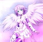  1girl :o angel_wings bare_shoulders breasts broken broken_chain chain chain_leash collar commentary_request detached_sleeves feathered_wings gradient_background green_eyes highres ikaros leash long_hair looking_at_viewer medium_breasts metal_collar navel official_artist_extra pink_hair pleated_skirt purple_background robot_ears skirt solo sora_no_otoshimono thighhighs twintails very_long_hair watanabe_yoshihiro white_skirt wings zettai_ryouiki 