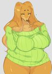  2017 anthro blush bottomless canine clothed clothing digital_media_(artwork) dog dogmom female fur hi_res kishibe looking_at_viewer mammal mature_female saluki simple_background slightly_chubby solo sweater thick_thighs tuft voluptuous white_background wide_hips yellow_eyes 
