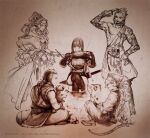  2boys 3girls ancient_greek_clothes arm_tattoo arm_up artist_collaboration artist_name asymmetrical_hair bare_shoulders belt belt_buckle boned_meat boots bow_(weapon) bracelet breasts buckle campfire cape character_request check_clothing check_copyright chiton closed_eyes closed_mouth clothing_request collarbone collared_shirt commentary_request copyright_request crossed_legs dated dog dot_nose dress eating elbow_gloves facing_another fake_claws fantasy feet_out_of_frame food forehead_jewel from_behind from_side full_body fur-trimmed_vest fur_trim gg_koki gloves greco-roman_clothes hair_ornament hair_tie hairband hand_on_own_hip hand_up hands_up holding holding_food holding_skewer ito_(silva) jewelry jun_(navigavi) lips long_hair looking_to_the_side meat monochrome multiple_boys multiple_bracelets multiple_girls nishi nose open_mouth original pants paper_background pointy_ears ponytail scabbard sheath sheathed shirt shoes shorts sidecut sitting skewer small_breasts standing sword tattoo teru_(bluecielo) thigh_boots toned toned_male undercut vest weapon 