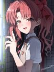  1girl blush bow brown_eyes brown_hair brown_sweater_vest commentary_request emblem hair_ornament hand_up highres kuroshiiaru long_hair looking_at_viewer open_mouth red_bow school_emblem school_uniform shirai_kuroko shirt smile solo summer_uniform sweater_vest toaru_kagaku_no_railgun toaru_majutsu_no_index tokiwadai_school_uniform twintails upper_body v-neck 