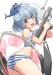  +++ 1girl adapted_turret artist_name ass bikini blue_hair brown_eyes cocoa_(cocoa0191) commentary_request dixie_cup_hat double_bun gun hair_bun hat inflatable_armband innertube kantai_collection little_blue_whale_(kancolle) looking_at_viewer military_hat open_mouth samuel_b._roberts_(kancolle) samuel_b._roberts_(swimsuit)_(kancolle) short_hair simple_background smile striped_bikini striped_clothes swim_ring swimsuit weapon whale white_background white_hat 
