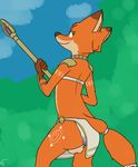  2017 4_fingers anthro backsack balls blue_sky butt canine clothing day digital_media_(artwork) disney forest fox fur girly gloves_(marking) green_eyes hi_res loincloth looking_back male mammal markings melee_weapon multicolored_fur nature nick_wilde nintendo outside polearm rear_view sky solo spear standing star_fox tree video_games visiti weapon zootopia 